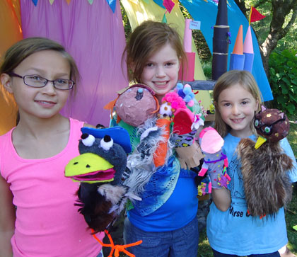 In Puppet Playhouse, campers designed puppets and scenery, then acted in a fractured fairy tale starring Rapunzel, an evil queen, a princess, a frog magician, two enchanted cats, and an assortment of other Good Guys and Bad Guys.